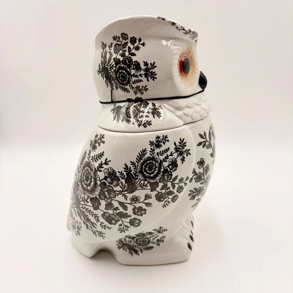Spooky Street Owl Cookie Jar White Black Floral Toile Ceramic 78oz Halloween New